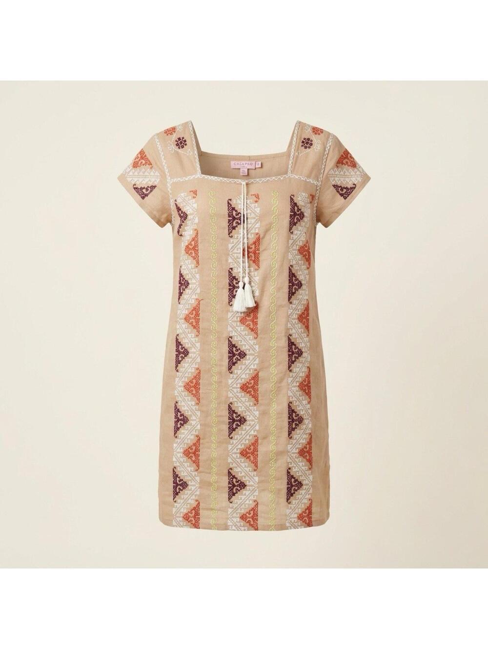 Calypso St. Barth 100% Linen Embroidered Tassel Shift Dress Size M Tan Boho